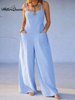 Women's Solid Color High-waisted Casual Loose Cotton And Linen Wide-leg Jumpsuit With Suspenders.