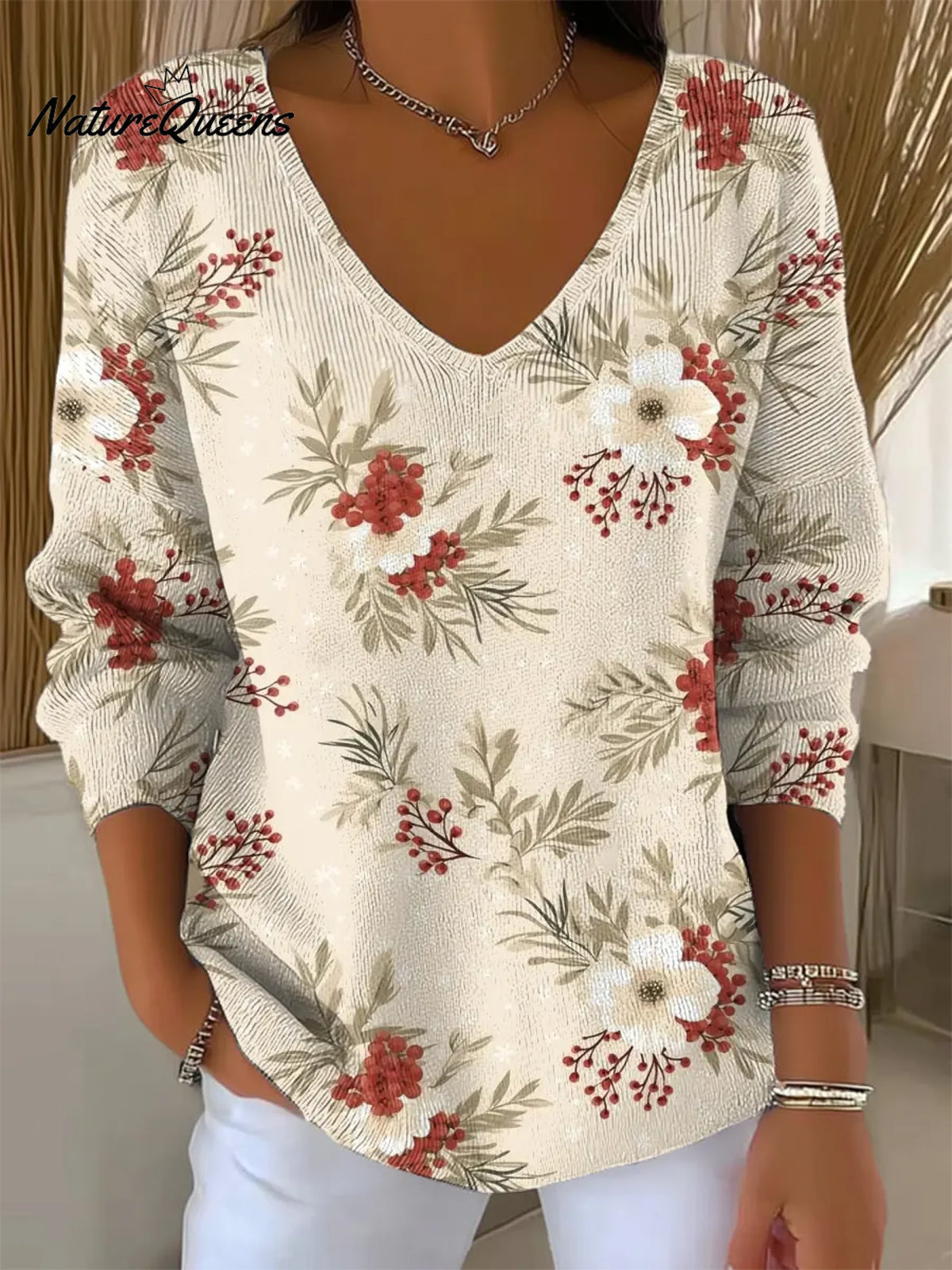 Women's Vintage ChristmasArt Print CasualSweater