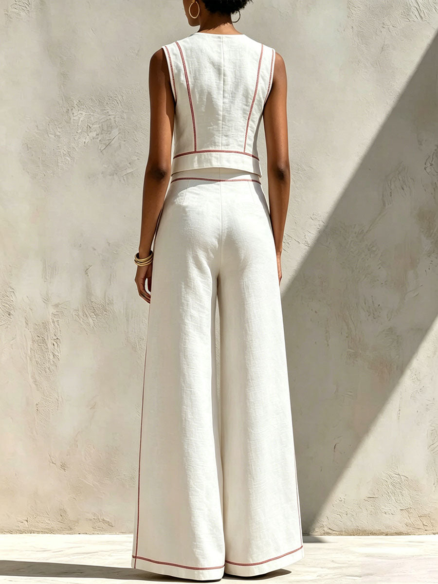 Women's Casual Cotton-linen Set: Crew-neck Sleeveless Loose-fit Top & High-waisted Loose Wide-leg Pants