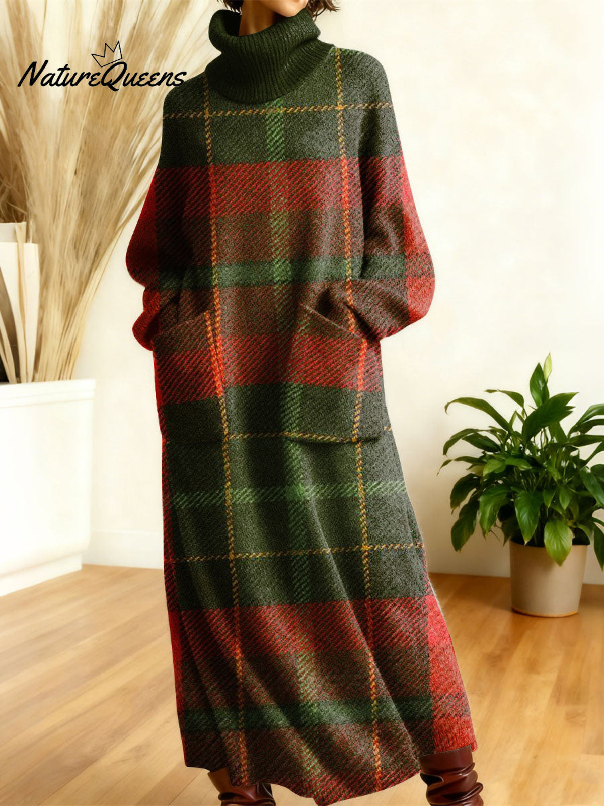Women's Retro Colors And Plaid Patterns Art High-neck Long-sleeve Casual Loose Knit Dress