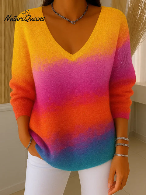 Women's Colorful V-neck Long-sleeved Sequined Casual Loose Sweater