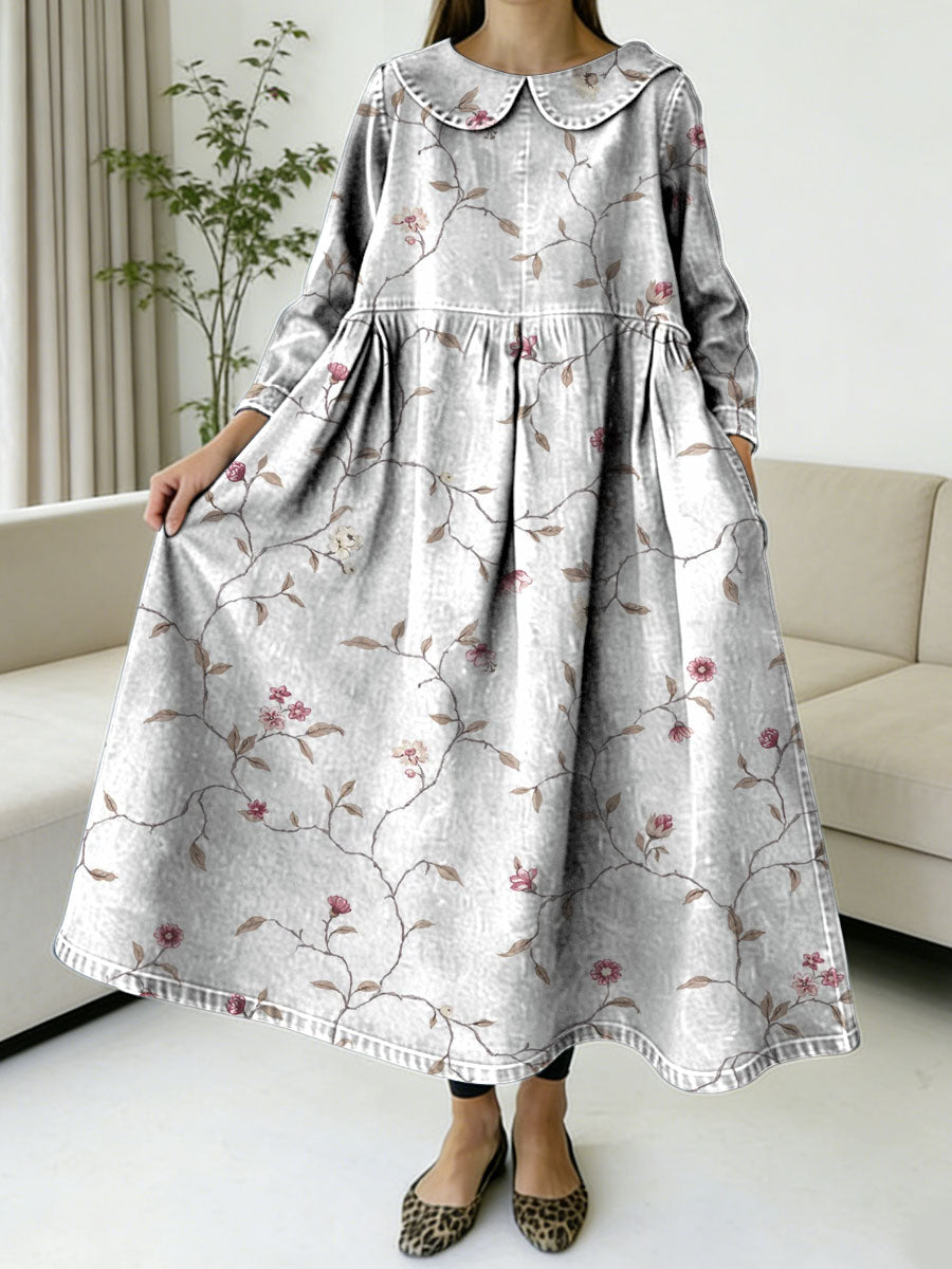 Elegant Floral Decorative Patterns Women's Casual Peter Pan Collar Long Sleeve Dress