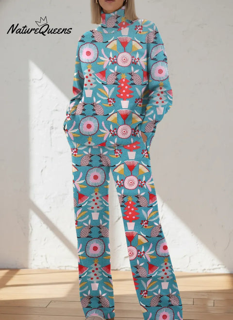 Women's Retro Flower Art Print Casual Knit Set