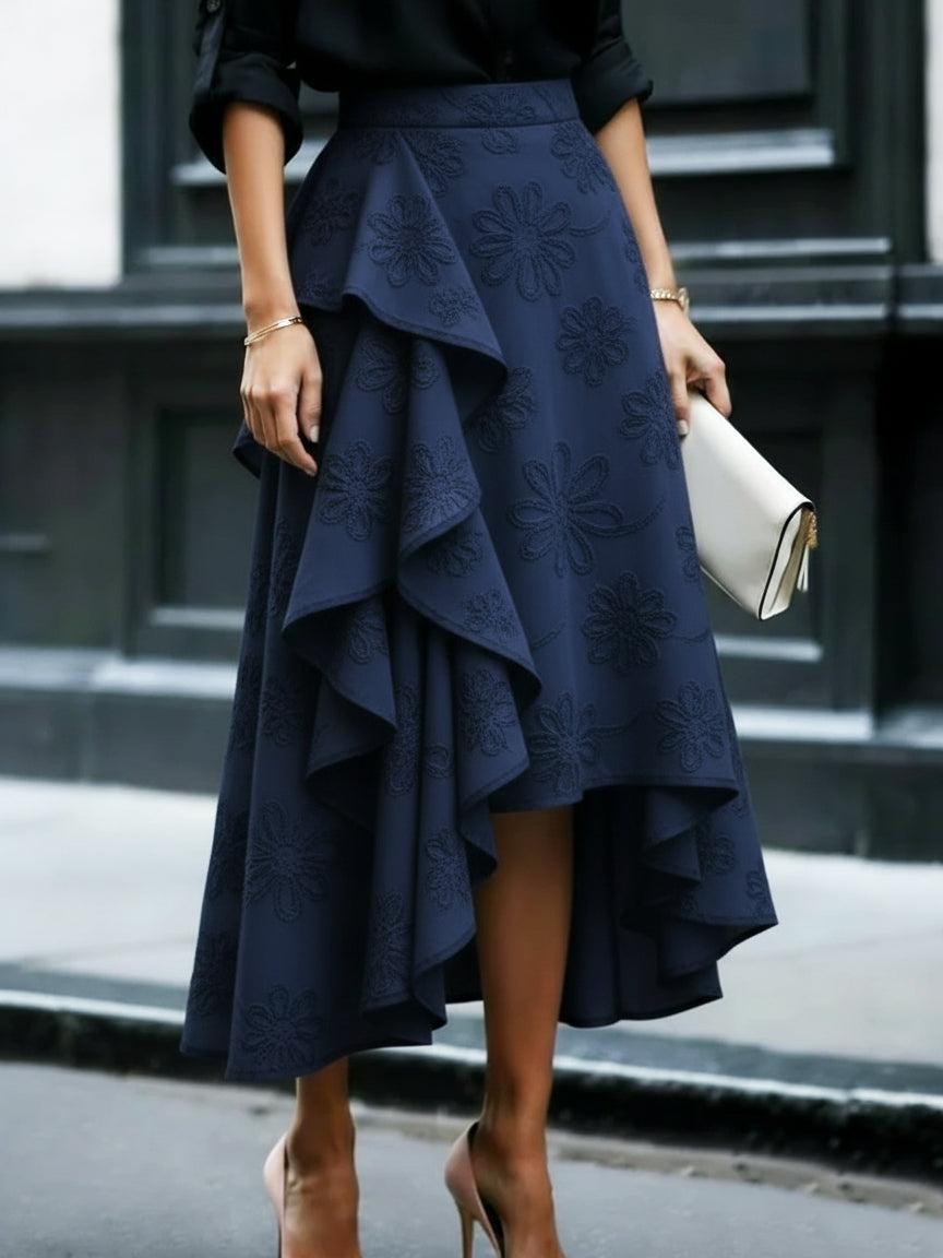 Elegant Romantic Ruffled Hem Floral Embroidery Skirt
