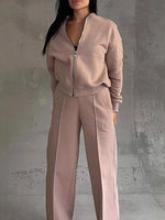 Stylish And Comfortable Linen Cotton Two-piece Set With A Sweatshirt And Wide-leg Pants