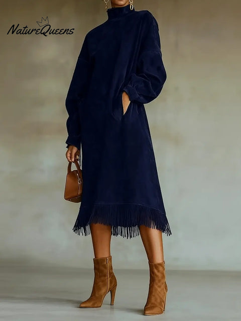 Women's Solid Color High-neck Long-sleeved Casual Loose Dress