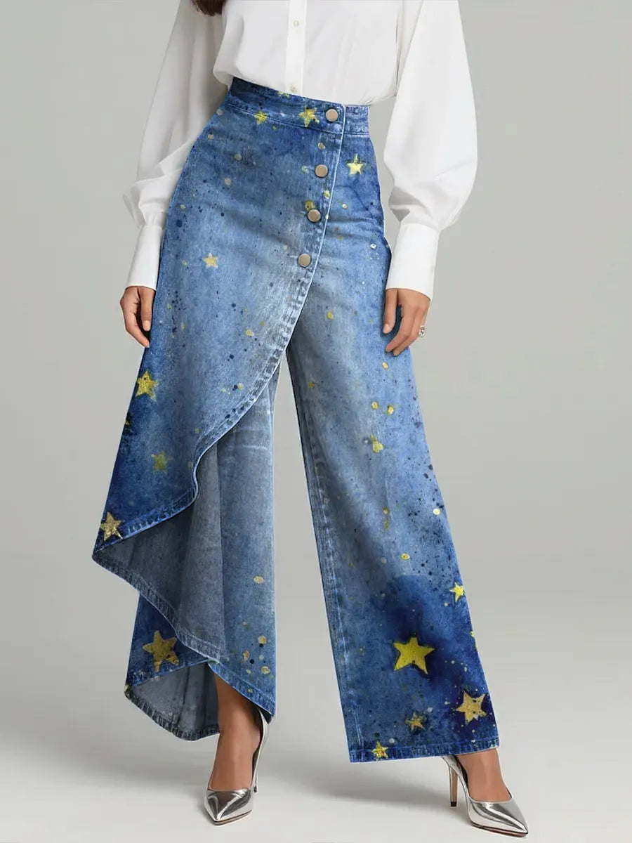 Women's Vintage Stars Pattern Art Print Casual Cotton Denim Pants