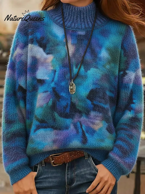 Artistic Gradient Print Turtleneck Fleece Sweater