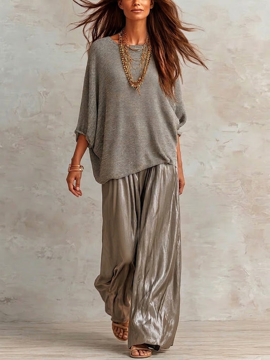 Two-piece Set Featuring A Relaxed-fit Knit Top And Glossy Trousers.