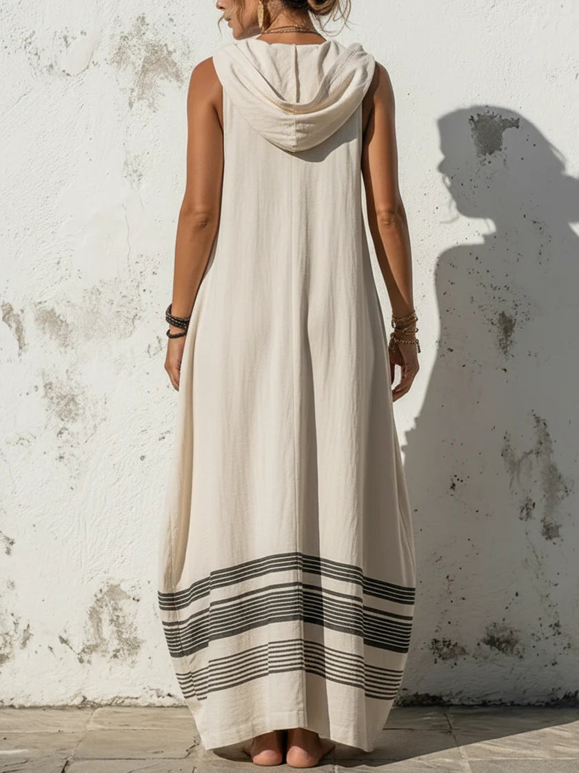 Loose-fit Casual Linen And Cotton Sleeveless Hooded Dress