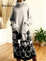 Women's Retro Flowers Geometric Patchwork High-neck Long-sleeve Casual Loose Knit Dress