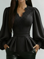 Elegant Lace-paneled Ruffled Hem Denim Shirt