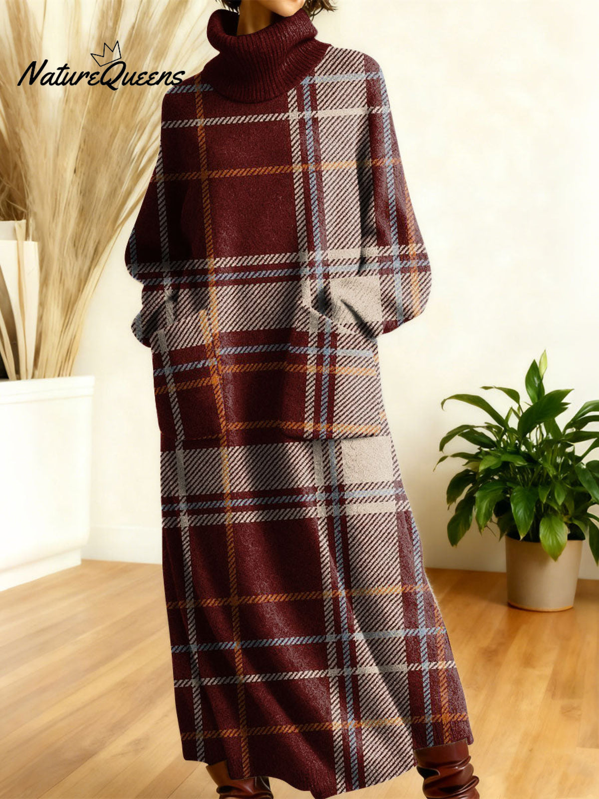 Women's Retro Colors And Plaid Patterns Art High-neck Long-sleeve Casual Loose Knit Dress
