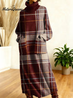 Women's Retro Colors And Plaid Patterns Art High-neck Long-sleeve Casual Loose Knit Dress
