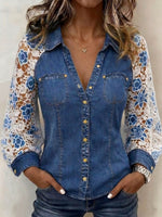 Women's Casual Loose-fit Long-sleeve Denim Patchwork Shirt With Collar