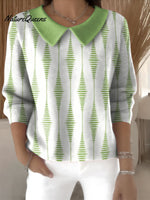 Linear Geometric Rhombus Decorative Pattern Women's Casual Peter Pan Collar 3/4 Sleeve Sweater