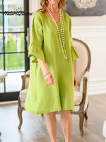 Women's Solid Color V-neck Three-quarter Sleeve Casual Loose Cotton And Linen Dress