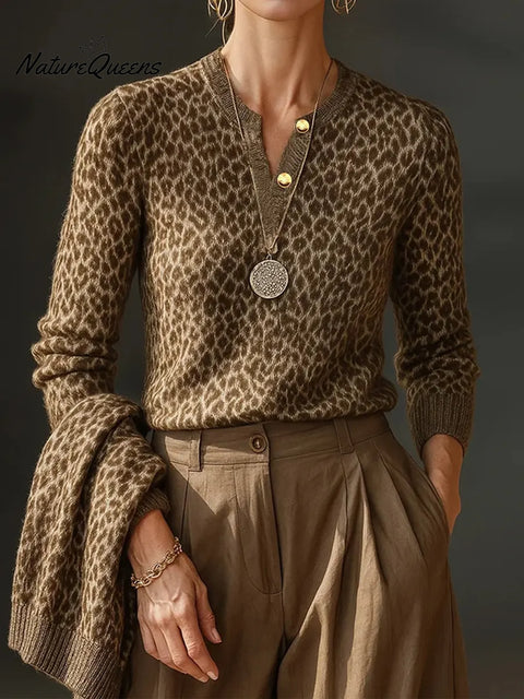 Women's Leopard Print V-Neck Long Sleeve Casual Loose Knit Top