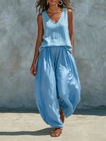 Vacation Style Linen Sleeveless Simple Set