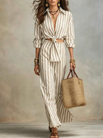 Women's Elegant Vertical Stripe Shirt Two-piece Set