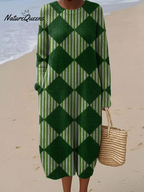 Women's Retro Plaid Pattern Art Casual Round Collar Long Sleeve Dress