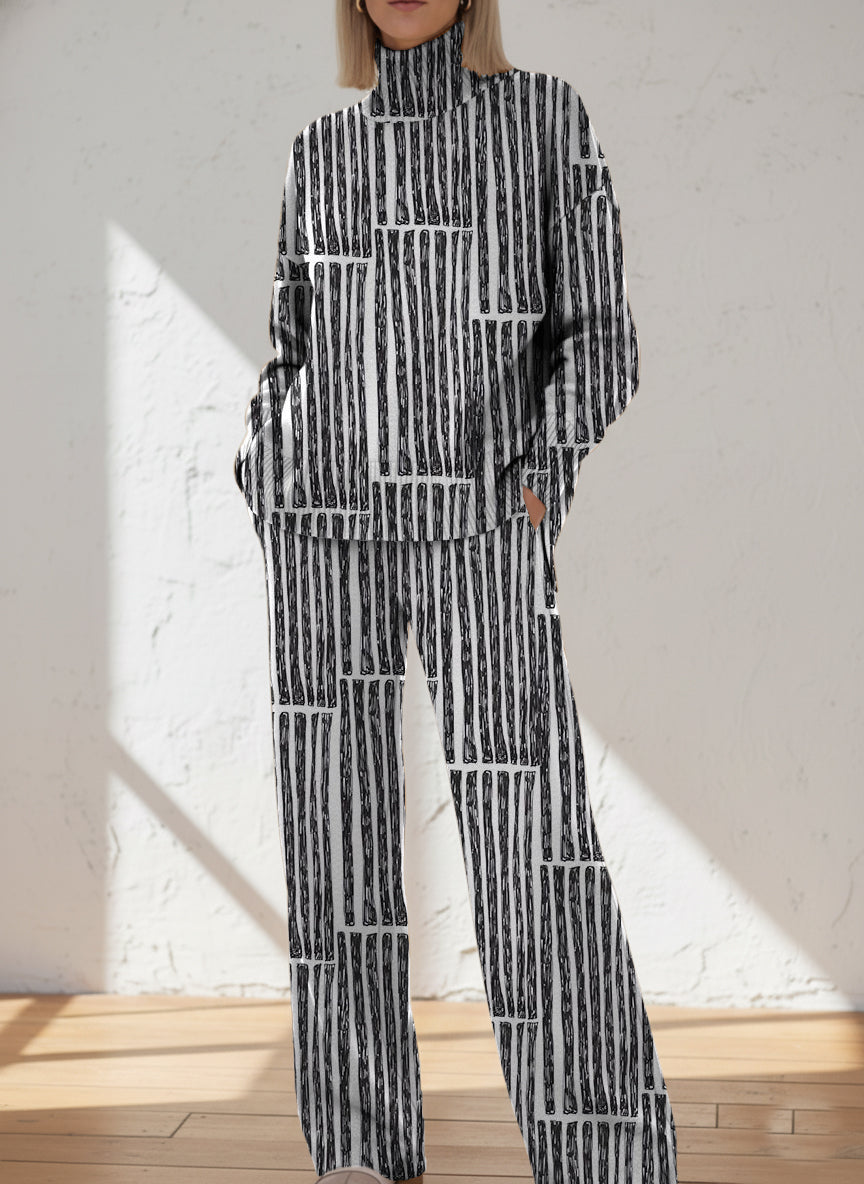 Women's Abstract Geometric Pattern Art Print Casual Knitted Cotton Top Pants Suit