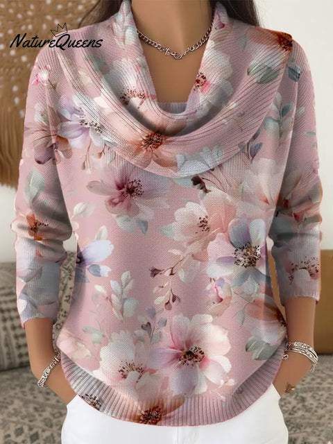 Women's Floral Pattern Art Print Casual Cowl Neck Sweater