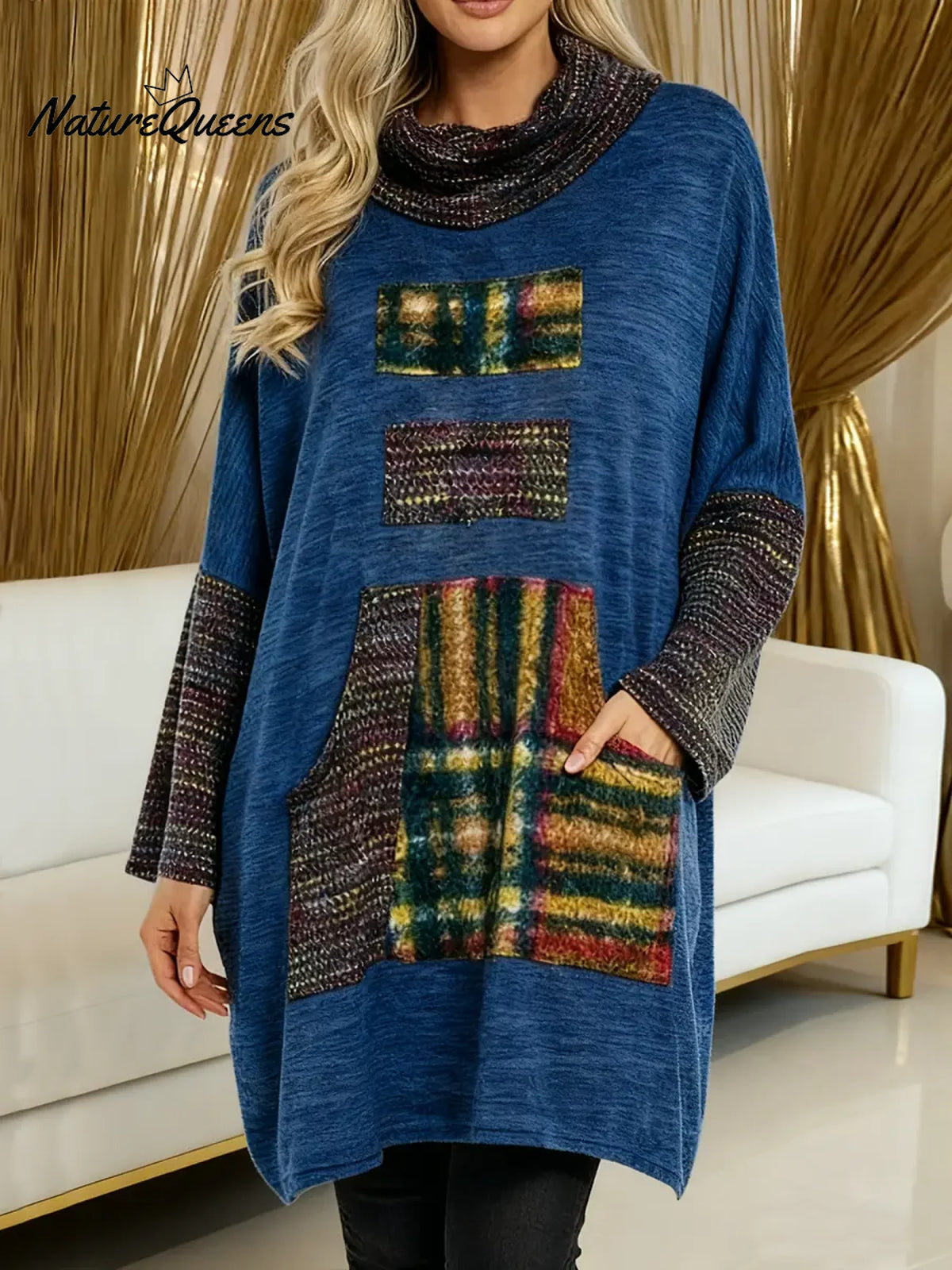 Women's Geometric Print Swing Neck Long Sleeve Casual Loose Knit Top