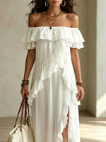 Women’s Elegant Romantic Vocation Off-shoulder Ruffle With Side Slit Maxi Dress