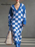 Women's Plaid Print V-neck Long-sleeved Casual Loose Knit Dress