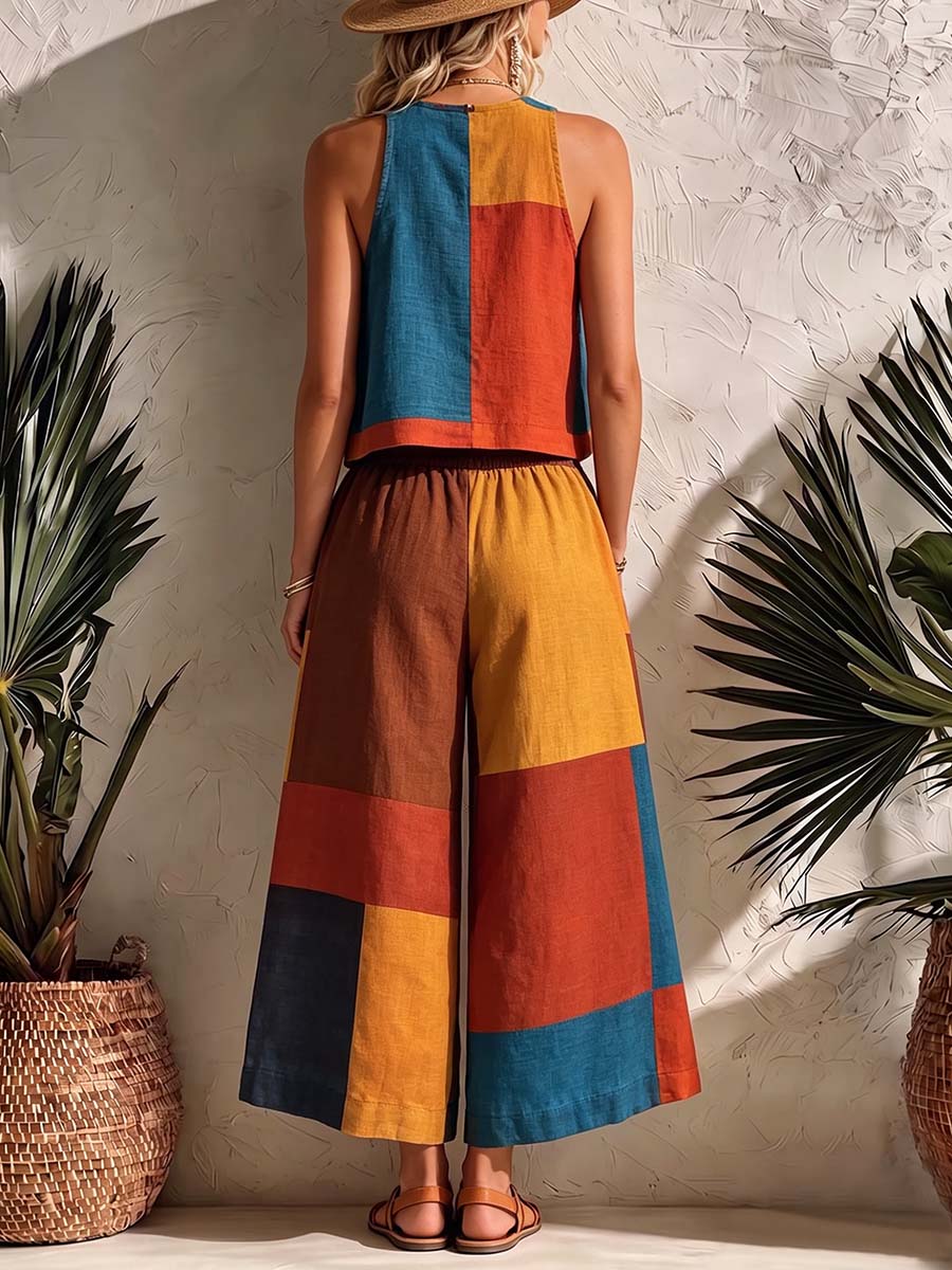 Conjunto de mujer de algodón y lino con estampado geométrico: top holgado sin mangas de cuello redondo y pantalón ancho de talle alto.