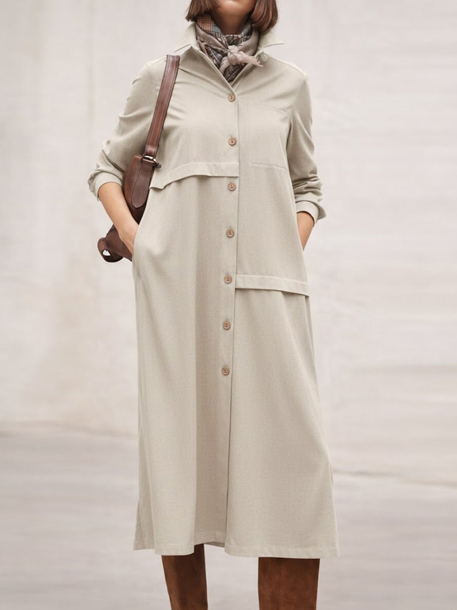 Women's Solid Color Lapel Long-sleeved Casual Loose Cotton And Linen Shirt Dress