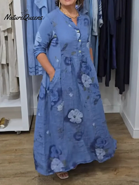 Women's floral print long-sleeved cotton and linen dress