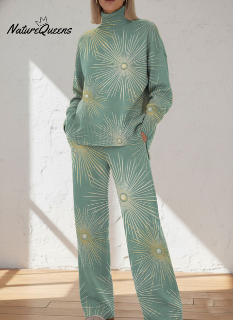 Mysterious Radiating Star Decorative Pattern Casual Stand Collar Long Sleeve Top And Pants