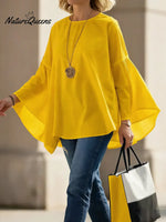 Women's Solid Color Round Neck Batwing Sleeve Casual Loose-fitting Cotton And Linen Top.