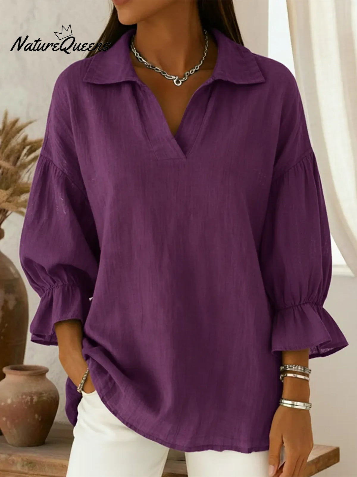 Retro Cozy Polo Collar Lantern Sleeve Linen Shirt Top