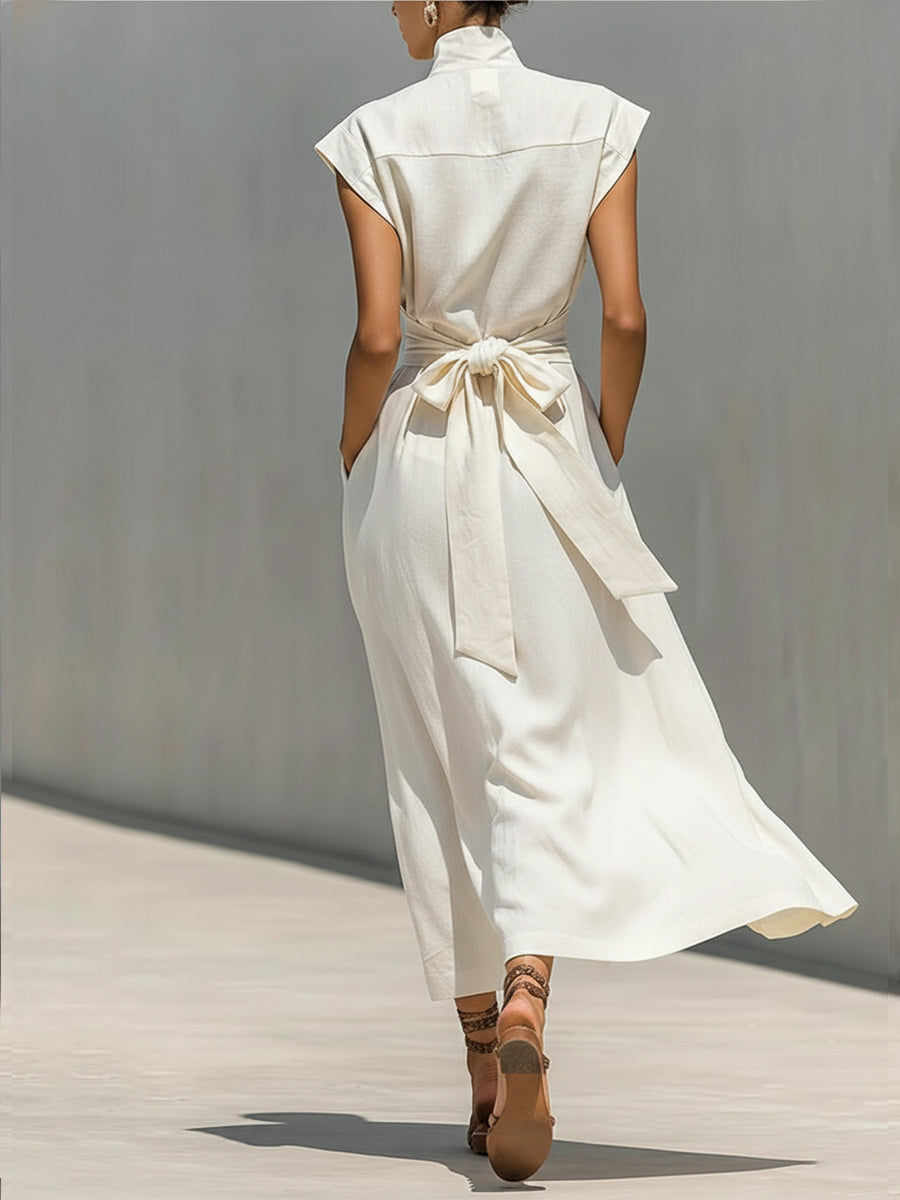 Waist-cinching Linen And Cotton Sleeveless Dress