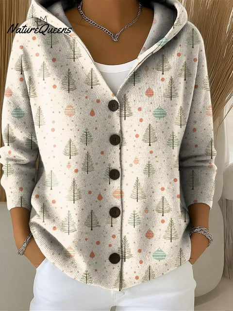 Women's Christmas Tree Printed Casual Hooded Button Sweater
