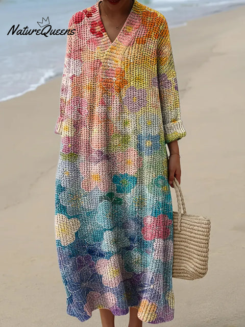 Rainbow-colored Gradient Flowers Print Knitted V-neck Dress
