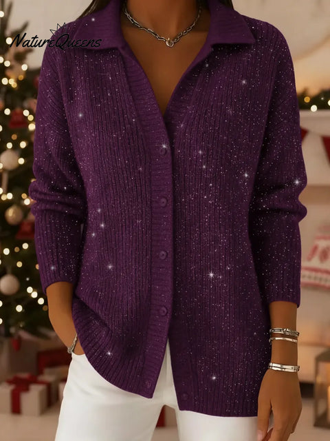 Women's Solid Color Shirt Collar Casual Loose Sequined Knit Cardigan