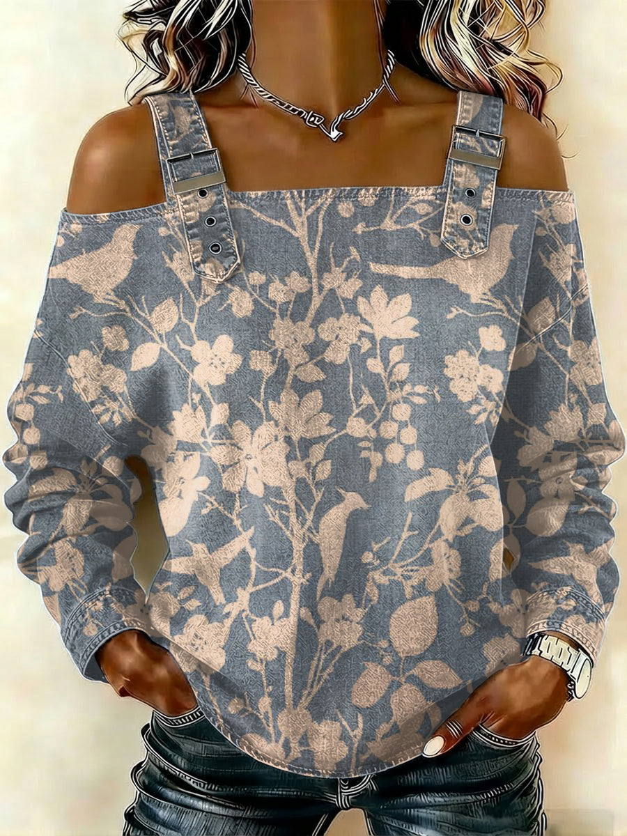 Women‘s Vintage Flower Pattern Art Print Casual CottonShirt