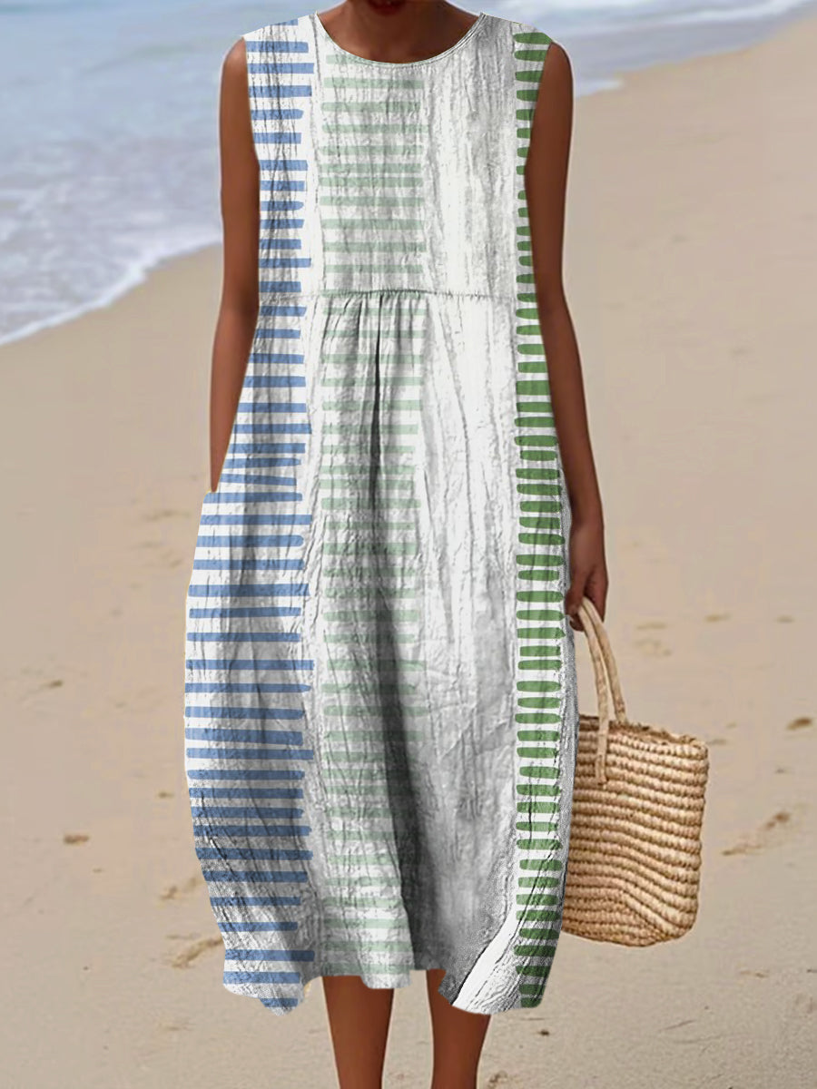 Women's Vintage Geometry Art Print Sleeveless Cotton Pocket Wrap Dress