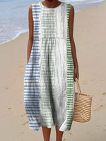 Women's Vintage Geometry Art Print Sleeveless Cotton Pocket Wrap Dress