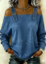 Casual Shimmering Shoulder Straps Denim Shirt Tops