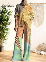 Women's Sunny Geometric Floral Pattern Art Print Casual Cotton Knitted Suits