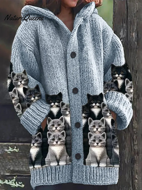 Women's Funny Cats Pattern Art Print Casual Fleece Coat