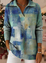 Christmas Retro Gradient Ethnic Art Pattern Art Polo Collar Shiny Loose Sweater Top