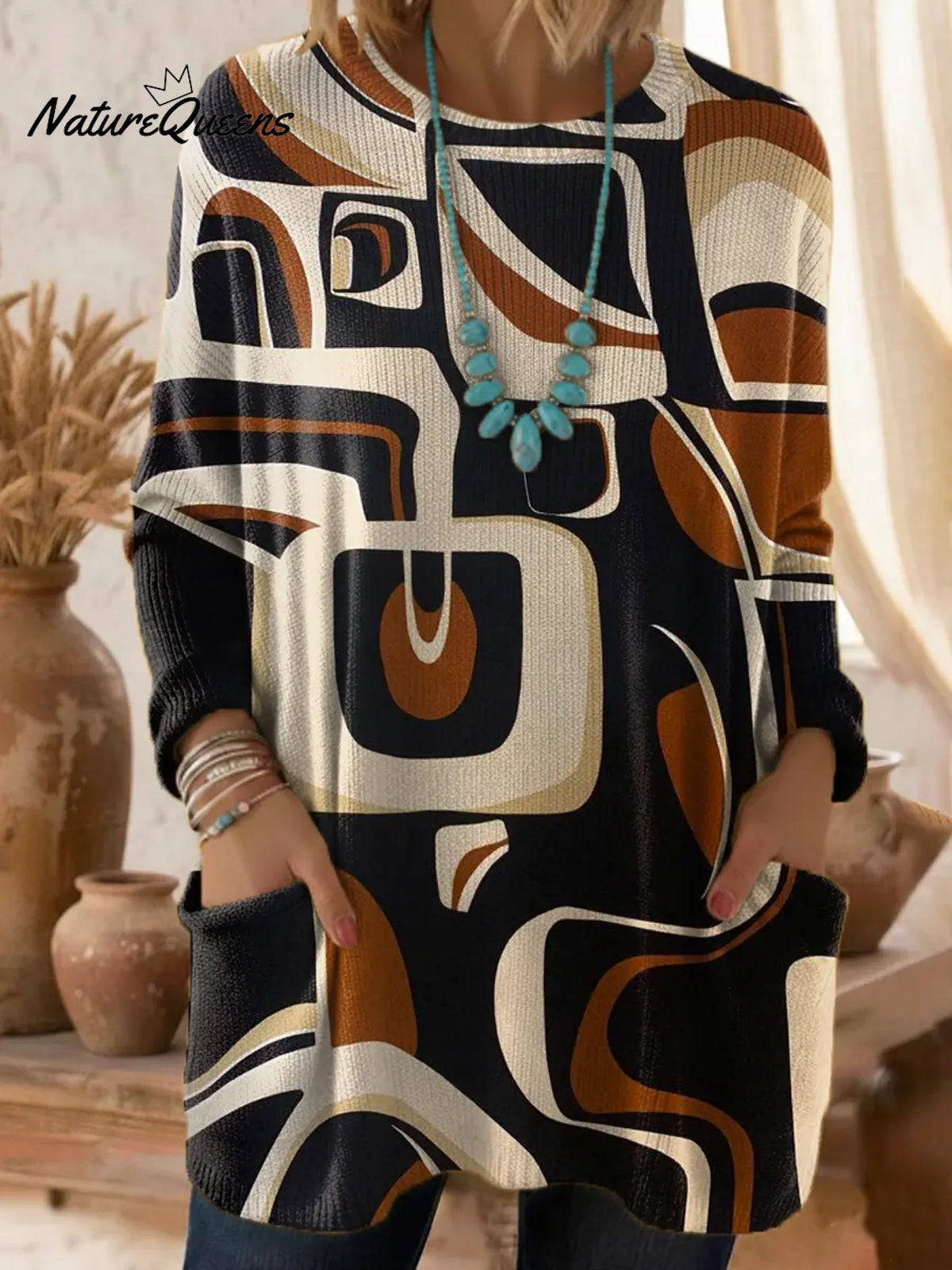 Women's Abstract Pattern Art Print Casual Cotton Knitted Sweater