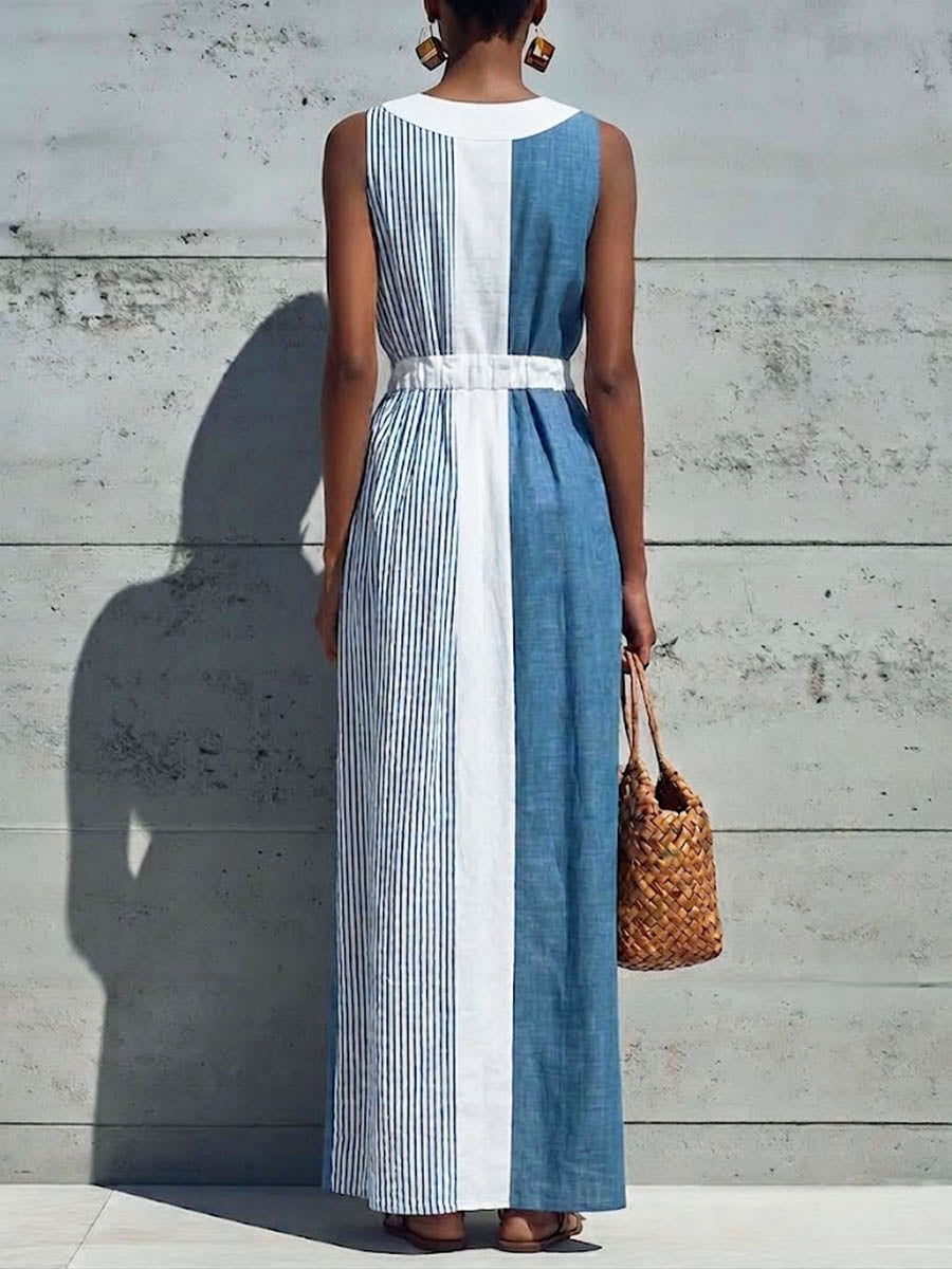 Women's Casual Loose Cotton-linen Dress — V-neck Sleeveless With Placement Print