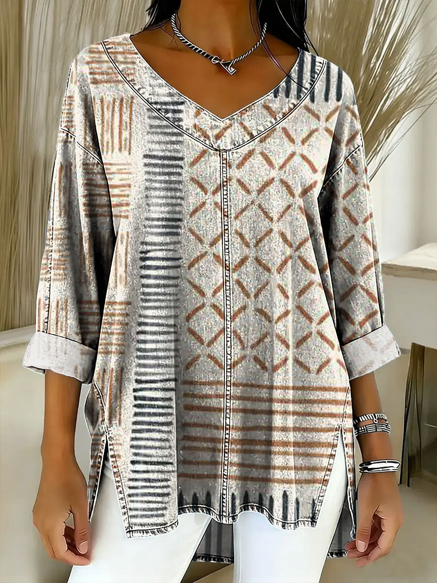 Women's Geometry Color Splicing Gradient Art Casual Washed Denim Cotton Top